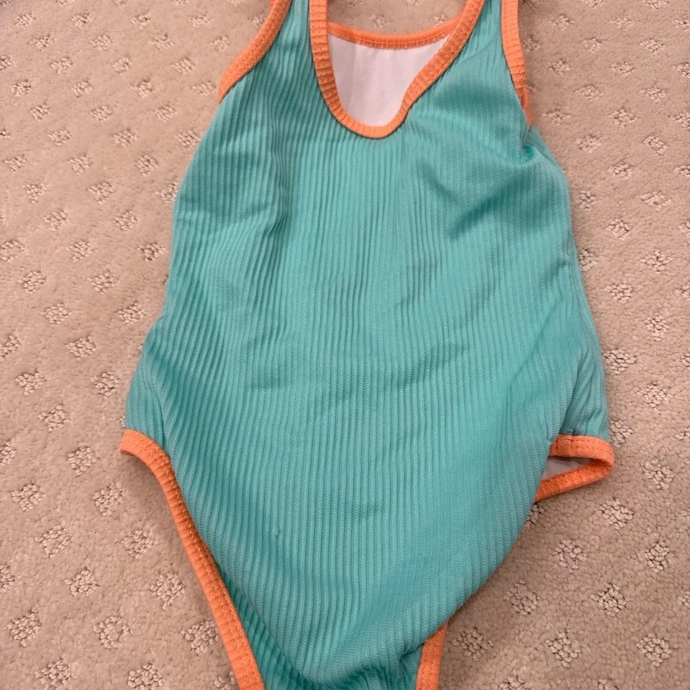 Cat & Jack Girls Swimsuit Ribbed Teal Orange Tie Strap One Piece